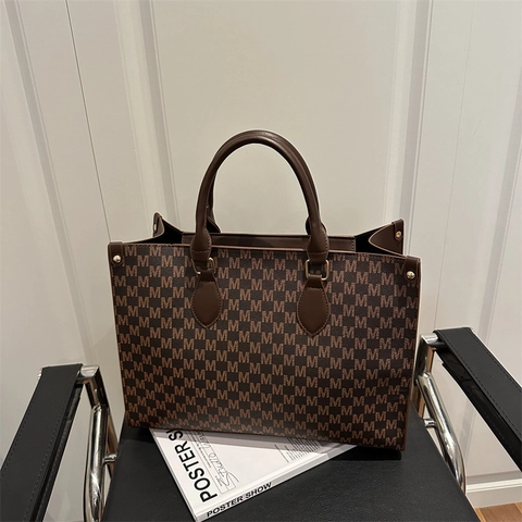 Women Tote Bag PU Leather Large Capacity M Monogram Print Vintage Fashion Commute Handbag