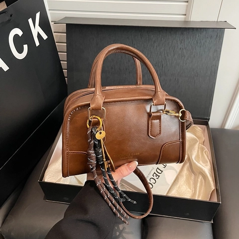 Women Boston Handbag PU Leather Contrast Color Retro Shoulder Bag Crossbody With Decorative Pendant For Commuting Fashion