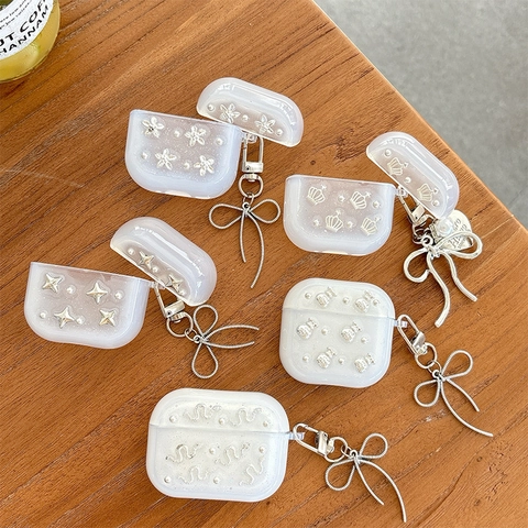 Custodia Auricolari Wireless Glitter Semi Trasparente Protettiva Con Ciondolo Fiocco In Metallo Argentato Stella Corona Decoro