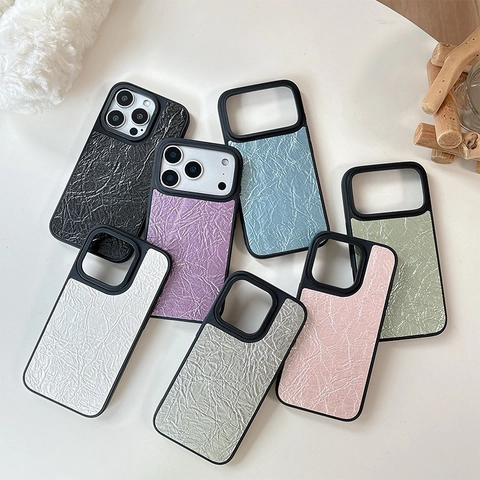 Crumpled Texture PU Leather Phone Case For iPhone 16 Pro Max Solid Color Shockproof Protective Cover Minimalist Luxury
