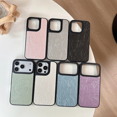Crumpled Texture PU Leather Phone Case For iPhone 16 Pro Max Solid Color Shockproof Protective Cover Minimalist Luxury
