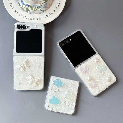 Funda Para Samsung Galaxy Z Flip Fold Perla Artificial Corazón Lazo Decoración Nube 3D PC Cubierta Rígida Estilo Dulce Coreano