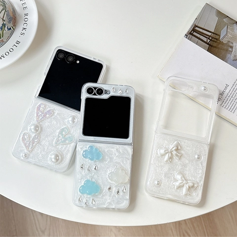 Funda Para Samsung Galaxy Z Flip Fold Perla Artificial Corazón Lazo Decoración Nube 3D PC Cubierta Rígida Estilo Dulce Coreano