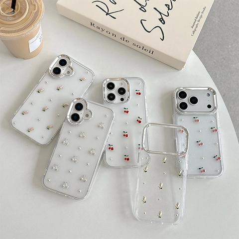 Funda De Teléfono Transparente Con Purpurina De Tulipa Cereza Carcasa Suave TPU Marco Galvanizado Decoración Perlas Artificiales Y Diamantes