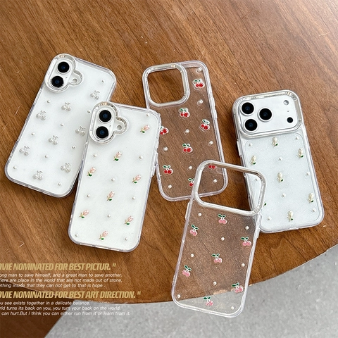 Funda De Teléfono Transparente Con Purpurina De Tulipa Cereza Carcasa Suave TPU Marco Galvanizado Decoración Perlas Artificiales Y Diamantes