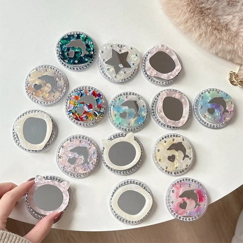 Soporte Magnético Para Teléfono Con Diamantes De Imitación Espejo Textura Concha Delfín Corazón Agarre Plegable Moda