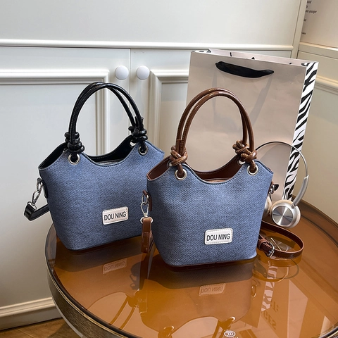 Borsa A Secchiello Tracolla Donna Texture Denim Pelle PU Colore A Contrasto Borsa A Mano Per Il Quotidiano Casual