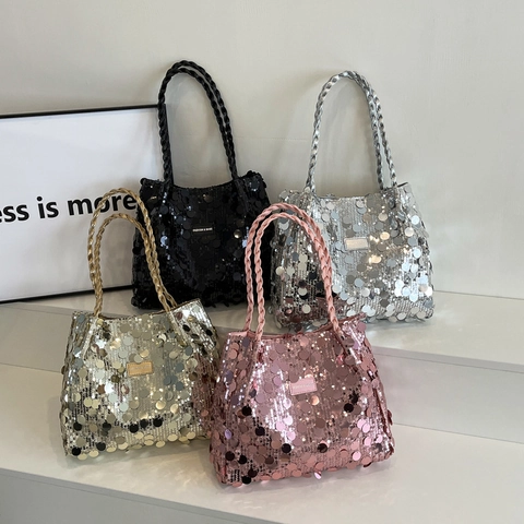 Women Fashion Sequin Shoulder Bag Large Capacity Tote Bag Sparkly Underarm Bag Braided Handle Casual Party Travel Handbag