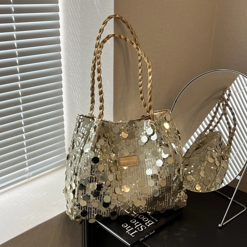 Damen Mode Pailletten Schultertasche Große Kapazität Geflochtener Gurt Unterarm Tote Bag Stilvolle Party Alltagstasche Für Damen