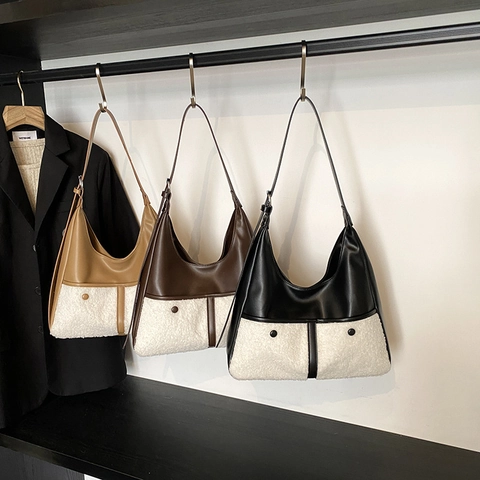 Bolso Hobo De Moda Para Mujer En Cuero PU Y Lana De Cordero Color Contrastado Gran Capacidad Invierno Vintage Bolso De Hombro