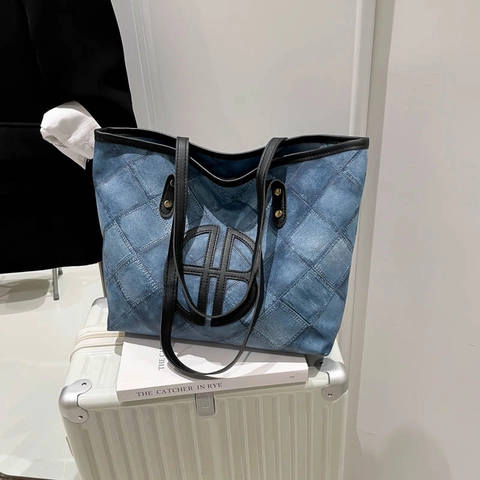 Große Kapazität Tote Bag Für Damen Gestepptes Rautenmuster PU-Leder Denim-Textur Lässige Pendler-Schultertasche Mit Reißverschluss
