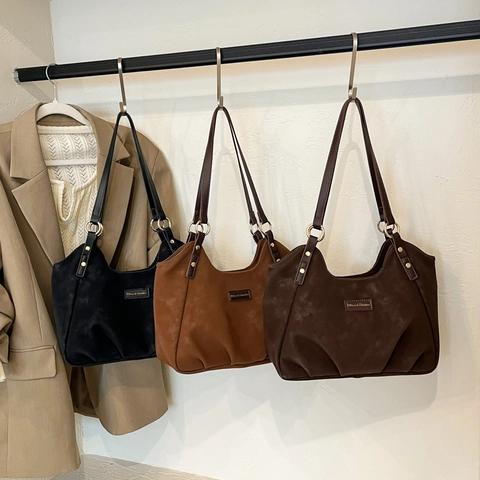 Dames Suède Schoudertas Grote Capaciteit Retro Hobo Tote Minimalistisch Woon-Werkverkeer Handtas Gouden Hardware