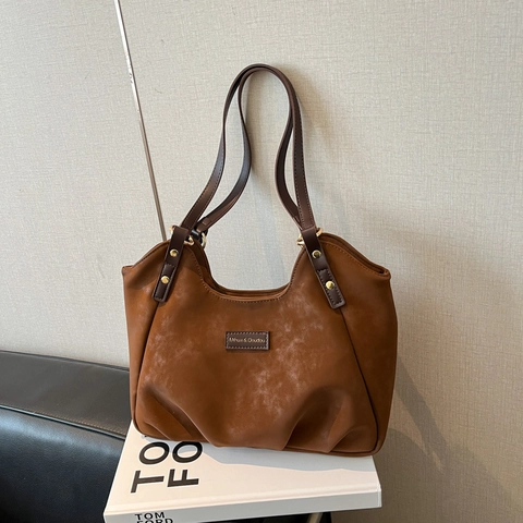 Dames Suède Schoudertas Grote Capaciteit Retro Hobo Tote Minimalistisch Woon-Werkverkeer Handtas Gouden Hardware