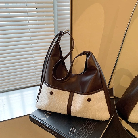 Bolso Hobo De Moda Para Mujer En Cuero PU Y Lana De Cordero Color Contrastado Gran Capacidad Invierno Vintage Bolso De Hombro