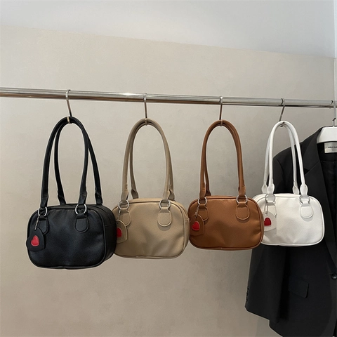 Trendy Women Litchi Grain PU Leather Shoulder Bag Small Square Boston Bag With Red Heart Pendant Decoration Gift Box Design