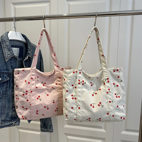 Bolso Tote De Pana Para Mujer Con Estampado De Cerezas Gran Capacidad Bolso De Hombro Estilo Casual