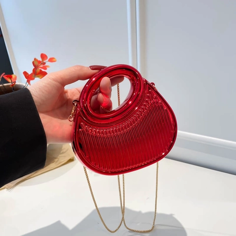 Evening Crossbody Bag Acrylic Metallic Ribbed Half Moon Shape Mini Handbag With Chain Strap Party Wedding Women