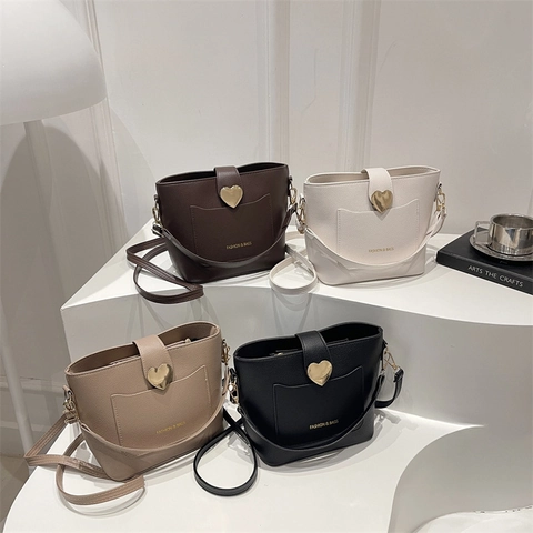 Bolso De Cubo Bandolera Para Mujer Textura Litchi Cuero PU Hebilla Metal Corazón Bolso De Mano Moda Color Sólido Elegante
