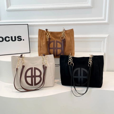 Large Capacity Tote Bag Faux Suede Suede Cloth Chain Strap Letter Logo Retro Minimalist Commuting Shoulder Bag