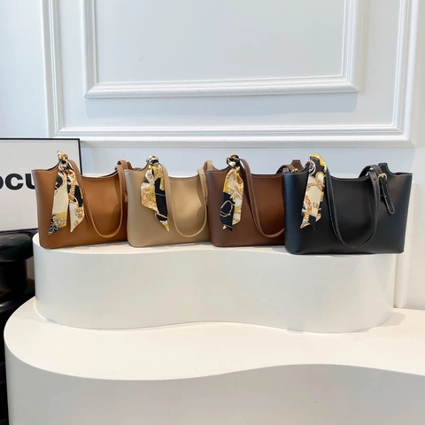 Women Tote Bag PU Leather Large Capacity Contrast Stitching Decorative Scarf Commuter Shoulder Handbag Trendy Simple