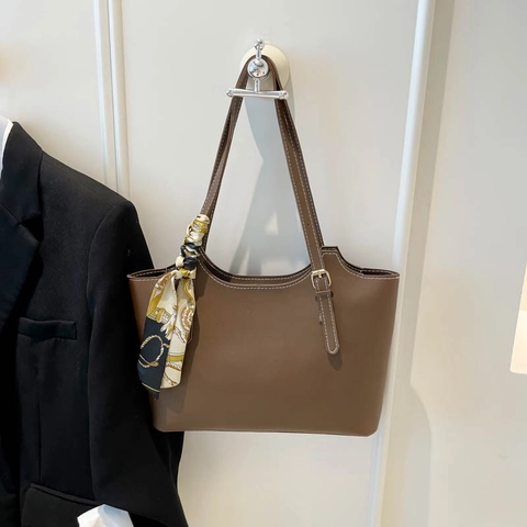Women Tote Bag PU Leather Large Capacity Contrast Stitching Decorative Scarf Commuter Shoulder Handbag Trendy Simple
