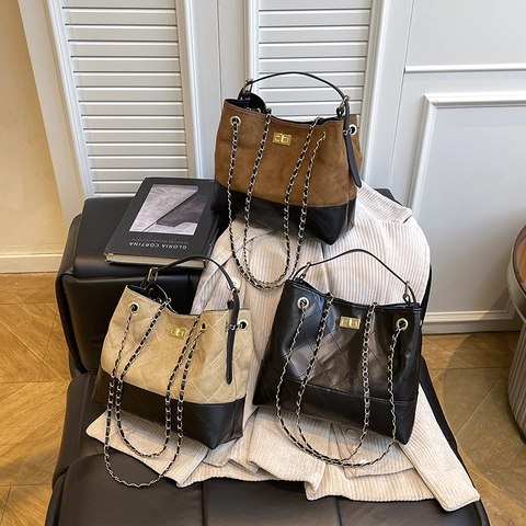 Vintage Gesteppte Rauten Schultertasche Für Damen PU Leder Kontrastfarbe Kette Umhängetasche Kleine Quadratische Tasche Schloss