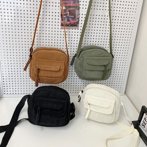 Women Vintage Corduroy Small Square Shoulder Bag Casual Crossbody Bag With Front Flap Pocket Adjustable Strap Solid Color