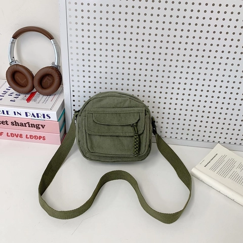 Bolso de Hombro de Pana para Mujer Color Sólido Estilo Escolar Bandolera Bolso Cuadrado Pequeño con Bolsillo con Solapa Ocio Diario