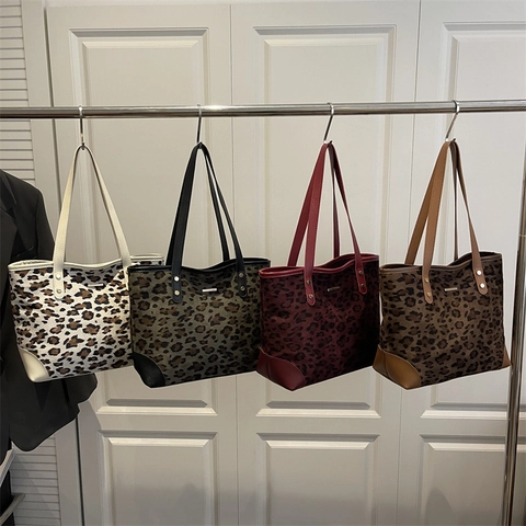 Vintage Leopardenmuster Einkaufstasche Damen Große Kapazität Schultertasche Casual Leinwand Kunstleder Mode Handtasche