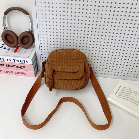 Bolso de Hombro de Pana para Mujer Color Sólido Estilo Escolar Bandolera Bolso Cuadrado Pequeño con Bolsillo con Solapa Ocio Diario
