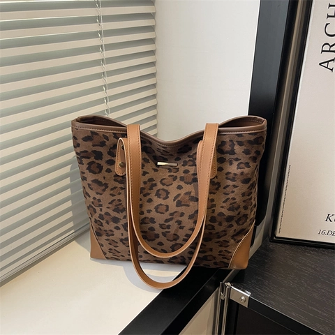 Leopard Muster Tote Bag Große Kapazität Stoff Kunstleder Umhängetasche Für Damen Vintage Casual Pendeln