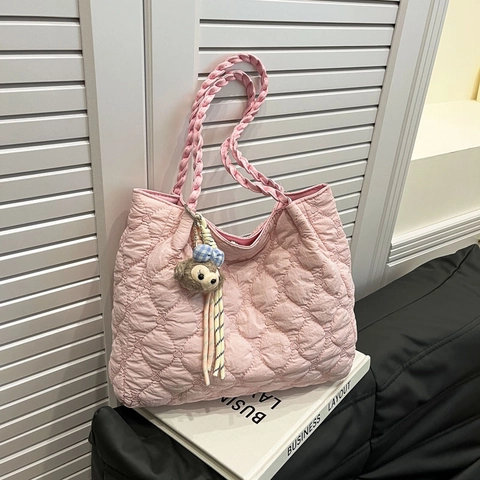 Dames Gewatteerde Schoudertas Nylon Grote Capaciteit Hartpatroon Puffer Tote Met Geweven Handvat Casual Handtas