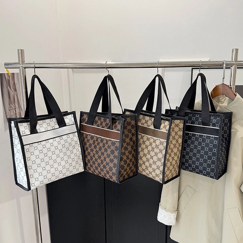 Damen Monogramm Tote Bag PU Leder Große Kapazität Kontrastbesatz Pendler Handtasche Lässig Täglich Retro Quadratische Tasche