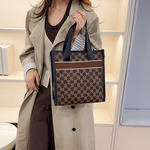 Damen Monogramm Tote Bag PU Leder Große Kapazität Kontrastbesatz Pendler Handtasche Lässig Täglich Retro Quadratische Tasche