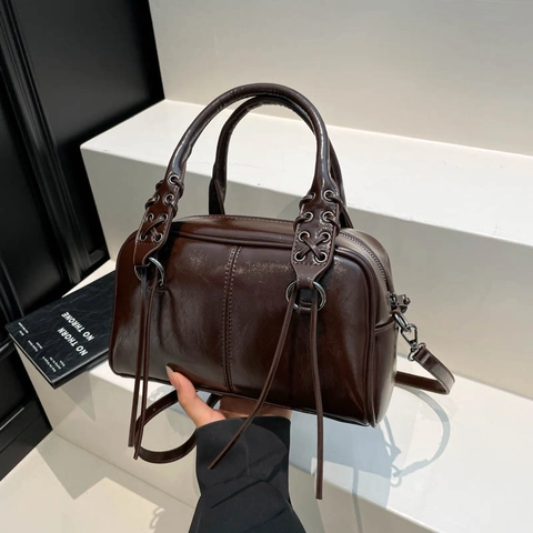 Glänzende Boston Handtasche Aus PU Leder Mit Schnürgriffen Lange Fransen Große Kapazität Schulter Umhängetasche Für Damen
