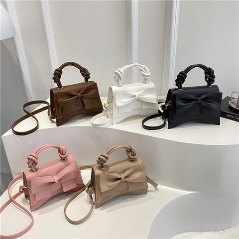Bolso De Hombro Para Mujer Cuero PU Lazo Grande Asa Anudada Fondo Curvado Color Sólido Bolso De Moda