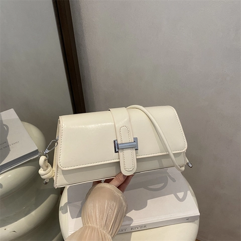 Bolso Baguette De Cuero PU Brillante Retro Para Mujer Bolso De Hombro De Axila Hebilla De Metal Correa Con Nudo Bolso Minimalista