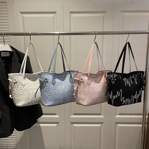 Damen Große Tote Tasche Geprägtes Buchstabenmuster PU Leder Bunte Wellenstickerei Schultertasche Für Pendler Freizeit