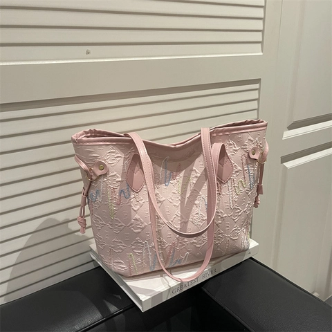 Damen Große Tote Tasche Geprägtes Buchstabenmuster PU Leder Bunte Wellenstickerei Schultertasche Für Pendler Freizeit