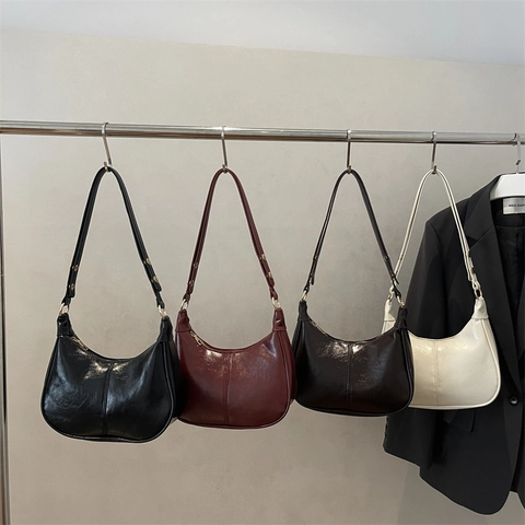 Bolso de Hombro de Piel PU Vintage para Mujer Diseño Medialuna Minimalista con Costuras Color Sólido Accesorios Dorados Diario