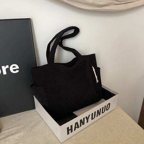 Bolso Tote de Pana para Mujer Gran Capacidad Retro Casual Bolso de Hombro a Rayas Con Bolsillos Laterales Color Sólido
