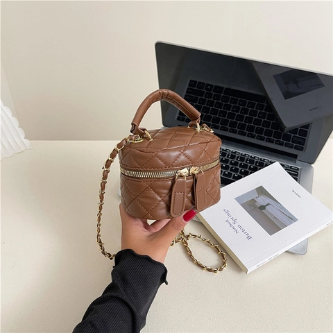 Quilted Rhombus Vanity Case PU Leather Crossbody Bag With Handle Metal Chain Strap Vintage Style Women Handbag
