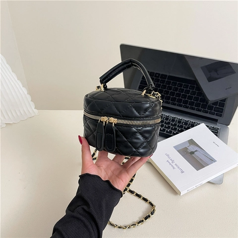 Gesteppte PU Leder Box Tasche Damen Mode Rautengitter Kette Schulter Umhängetasche Vanity Case Mini Handtasche Doppel Reißverschluss