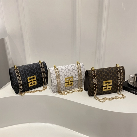 Bolso de Hombro de Cuero PU Vintage para Mujer Con Estampado de Monograma M Correa de Cadena Dorada Bolso Bandolera Cuadrado Pequeño