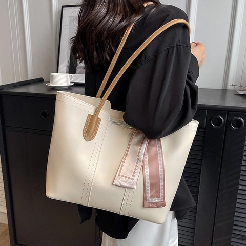 Women Large Capacity PU Leather Tote Bag With Satin Scarf Stitching Detail Commute School Shoulder Handbag