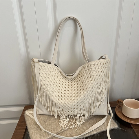 Bolso Tote Bohemio de Ganchillo con Flecos para Mujer Vintage Gran Capacidad Bolso de Hombro con Borla Estampado de Leopardo Tejido a Mano