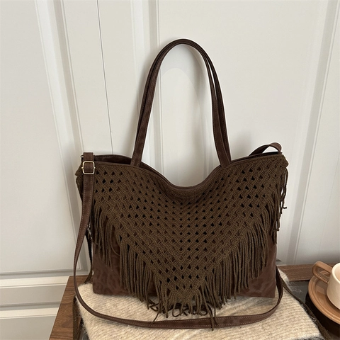Bolso Tote Bohemio de Ganchillo con Flecos para Mujer Vintage Gran Capacidad Bolso de Hombro con Borla Estampado de Leopardo Tejido a Mano