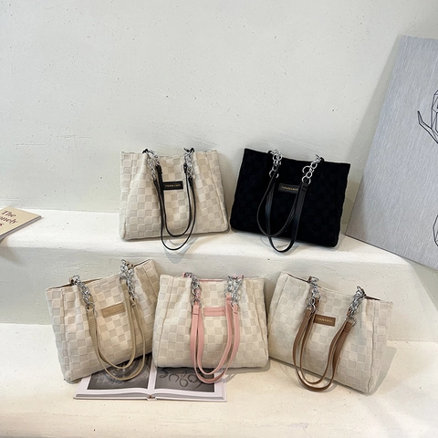 Borsa Tote A Scacchi Da Donna In Pelle PU Griglia A Nido D'Ape Grande Capacità Borsa A Tralla Con Tracolla A Catena