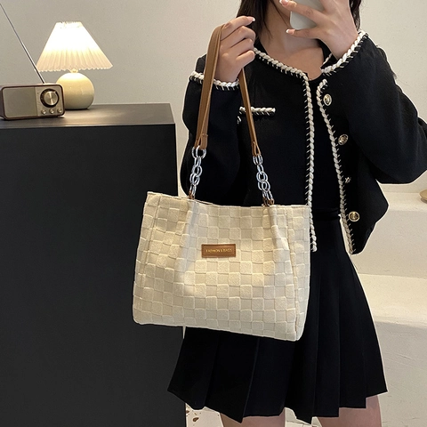 Borsa Tote A Scacchi Da Donna In Pelle PU Griglia A Nido D'Ape Grande Capacità Borsa A Tralla Con Tracolla A Catena