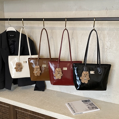 Women Glossy PU Leather Tote Bag Large Capacity Chic Minimalist Shoulder Handbag For Commuting With Plush Charm